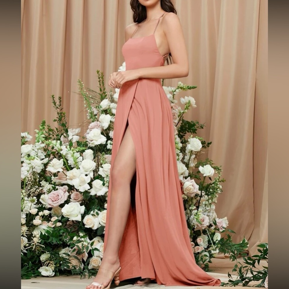 Luxe dusty blue crisscross back slit thigh party bridesmaids formal maxi dress - Picture 15 of 16
